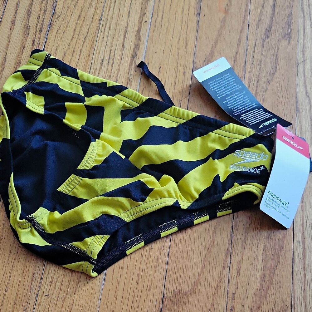 Speedo Endurance+ Men’s Striped Swim Briefs Yellow/Black Size 28 Regular